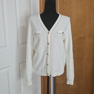 Meroketty Cream V-Neck Button Cardigan Sweater